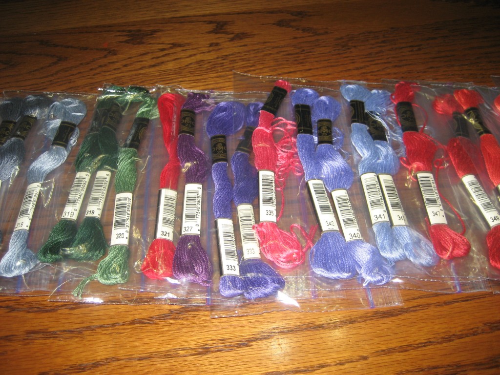 embroidery floss in bags, numbered